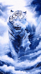 a painting of a white tiger walking in the clouds
