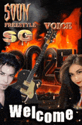 a man and a woman are standing in front of a guitar and the words welcome