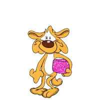 a cartoon dog holding a pink gift box