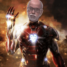 a man with glasses and a beard is dressed in a superhero costume