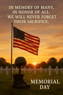 a poster for memorial day with an american flag and soldier 's boots
