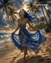 a painting of a woman in a blue dress on a beach with pixverse.ai in the corner