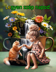 a picture of a little girl and a cat with the words legyen szép napod