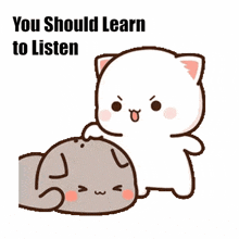 two cartoon cats are standing next to each other with the words `` you should learn to listen '' written above them .