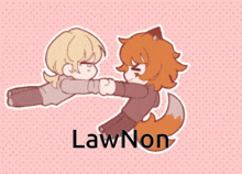 a cartoon drawing of a girl and a fox with the word lawnon written on the bottom