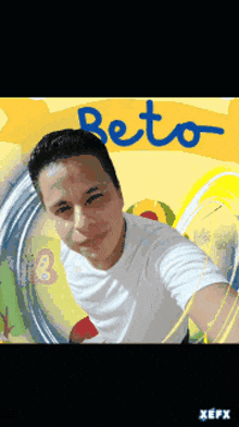 a man in a white shirt stands in front of a sign that says " beta "
