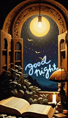 a painting of a window with the words good night written in blue