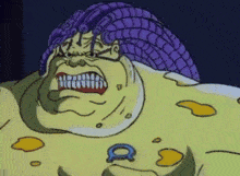 a cartoon character with purple hair and a blue ring around his neck