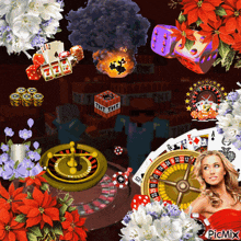 a woman in a red dress is surrounded by flowers dice and a roulette wheel with the word tnt on it