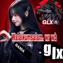 a girl is making a heart shape with her hands in front of a sign that says glx 91x