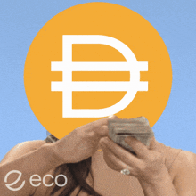 a person holding a stack of money in front of a coin with the letter d on it