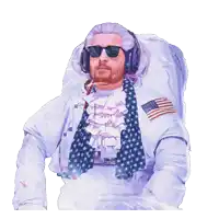 a man in a space suit with an american flag scarf around his neck