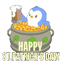 a penguin is sitting in a pot of gold with the words happy st.patrick 's day