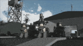 a group of lego soldiers standing in front of a military vehicle with the letter c on their uniform