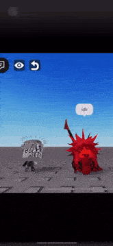 a cartoon character is standing next to a red monster with spikes on it .