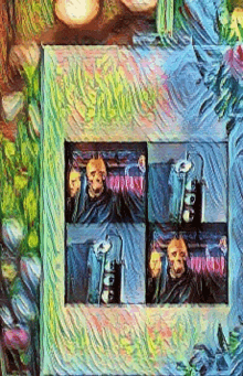 a painting of a man with a skull on his head and a bottle of coke