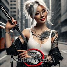 a woman with tattoos is holding a sword in front of a sign that says museumbola