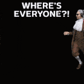 a man in a suit and tie with headphones is dancing in front of a black background that says where 's every ?