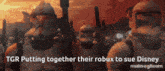 a group of stormtroopers standing next to each other with a caption that says igr putting together their robux