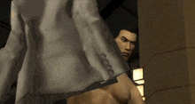 a man without a shirt is peeking out from behind a wall in a video game
