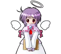 a cartoon character with purple hair and a halo on her head