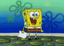 a cartoon of spongebob holding a piece of paper in his hand