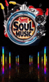 a poster for sweet soul music with a rainbow of lights in the background