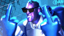 a man wearing sunglasses is giving the middle finger in front of a sign that says dan
