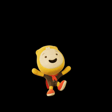 a yellow stuffed animal with a red cape says hi