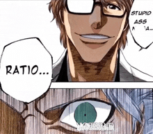 a man with glasses says " ratio " next to another man with green eyes