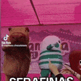 a couple of stuffed animals are standing next to each other with a pink background and a tiktok logo