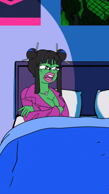 a cartoon drawing of a woman laying in a bed