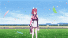 a girl in a pink and white dress is standing in a field with confetti falling from the sky