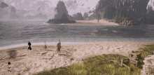 a screenshot of a video game shows people walking on a beach and a button that says mission completed