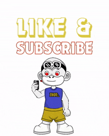 a cartoon of a monkey holding a lighter with the words like & subscribe above him