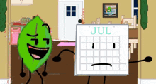 a cartoon of a leaf and a calendar that says july
