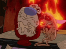 two cartoon characters are standing in front of a fireplace