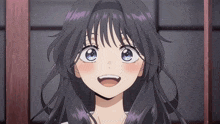 a close up of a girl with purple hair smiling