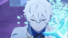 a cartoon character with white hair and a blue shirt