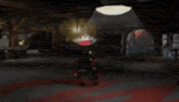 a cartoon character is standing in a dark room with a red carpet .