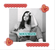 a black and white photo of a girl with soulmate written on the bottom right