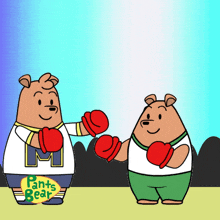 two cartoon bears wearing red boxing gloves with pants bear on the bottom