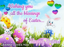a happy easter greeting card with easter eggs and a bunny
