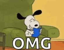 snoopy is sitting in a chair reading a book and saying `` omg '' .