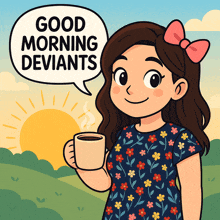 a girl holding a cup of coffee with a speech bubble that says " good morning deviants "