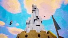 a cartoon character is flying through the air in front of a building