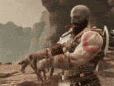 a bald man with a beard is holding a sword and pointing