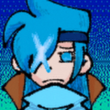 a drawing of a person with blue hair and blue eyes .