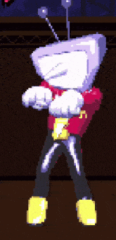 a pixel art drawing of a robot with a red shirt and yellow shoes