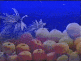 a bunch of fruit including apples pears and pineapples on a blue background